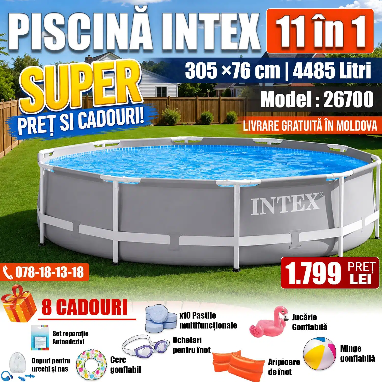 Piscină INTEX Prism Frame Premium 11 în 1, 305x76 cm, 4485L, Cadru Metalic Ranforsat, Model 26700