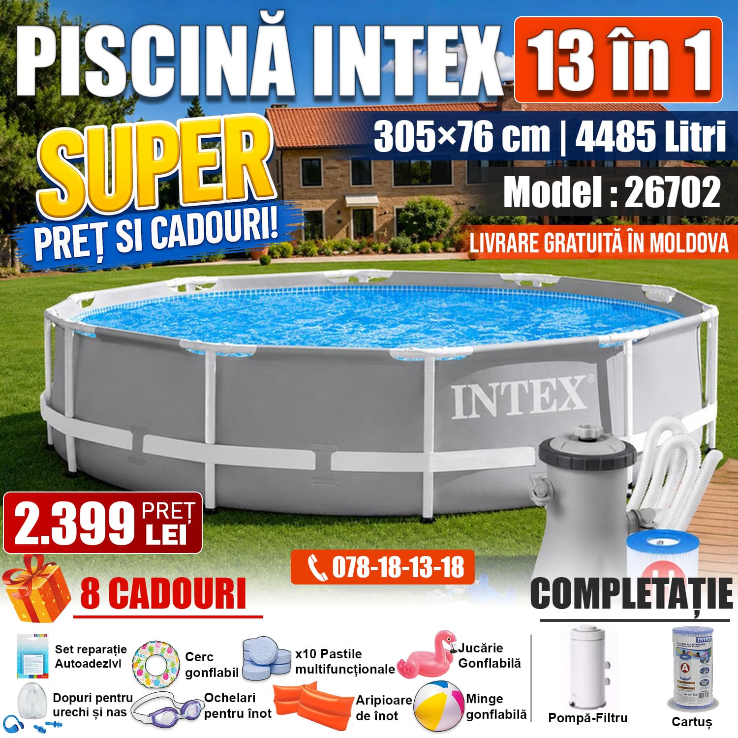 Piscină INTEX Prism Frame Premium 13 în 1, 305x76 cm, 4485L, Cadru Metalic Ranforsat, cu Pompă-Filtru, Model 26702