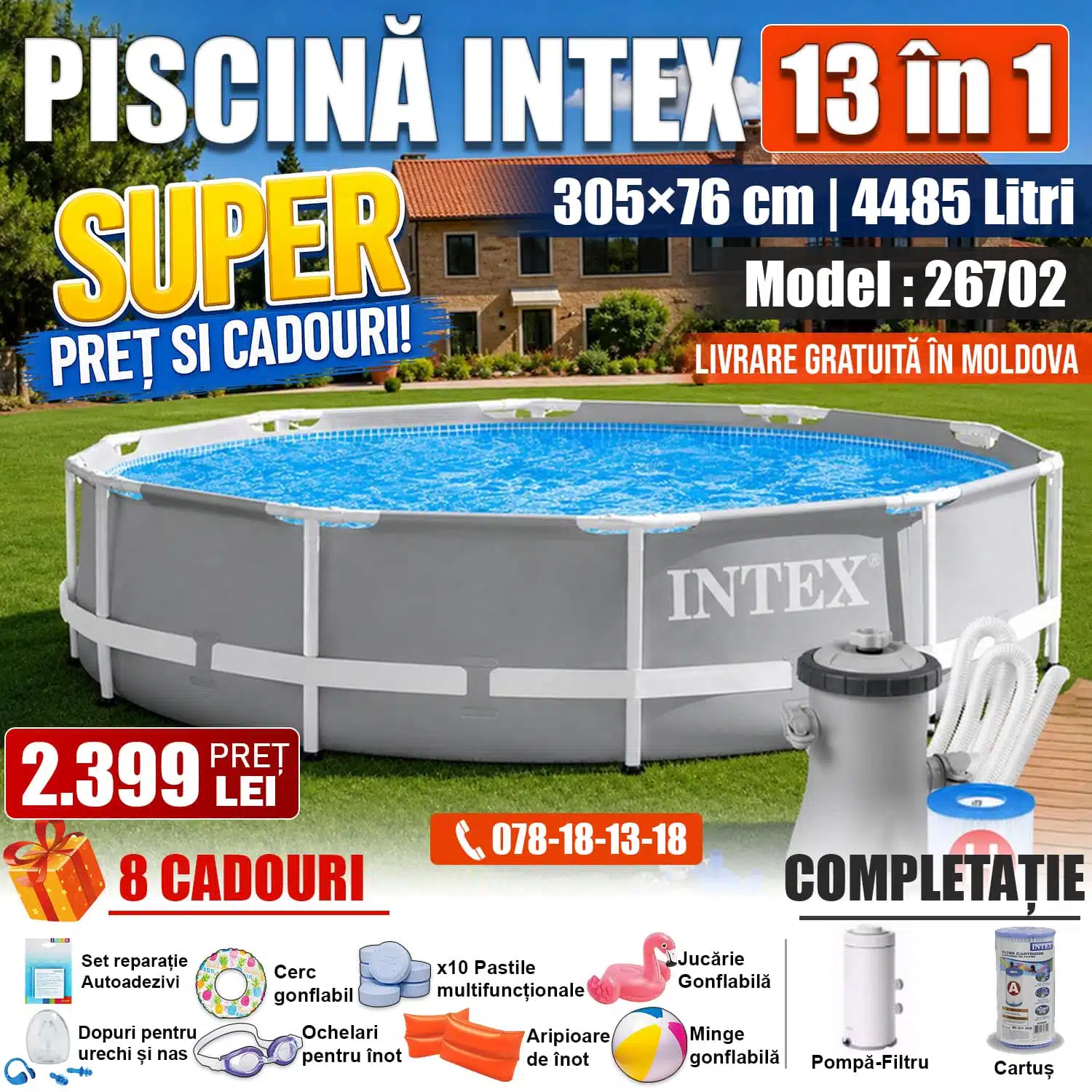 Piscină INTEX Prism Frame Premium 13 în 1, 305x76 cm, 4485L, Cadru Metalic Ranforsat, cu Pompă-Filtru, Model 26702