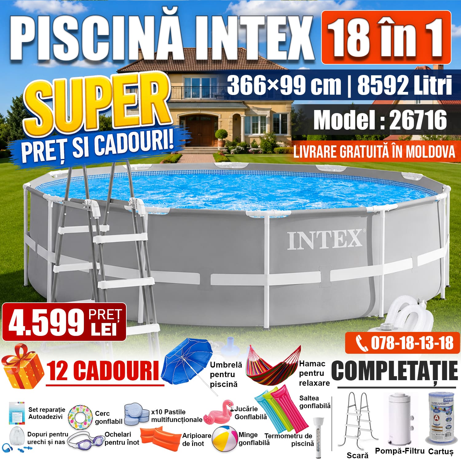 Piscină INTEX Prism Frame Premium 18 în 1, 366×99 cm, 8592L, Cadru Metalic Ranforsat, cu Pompă-Filtru și Scară, Model 26716