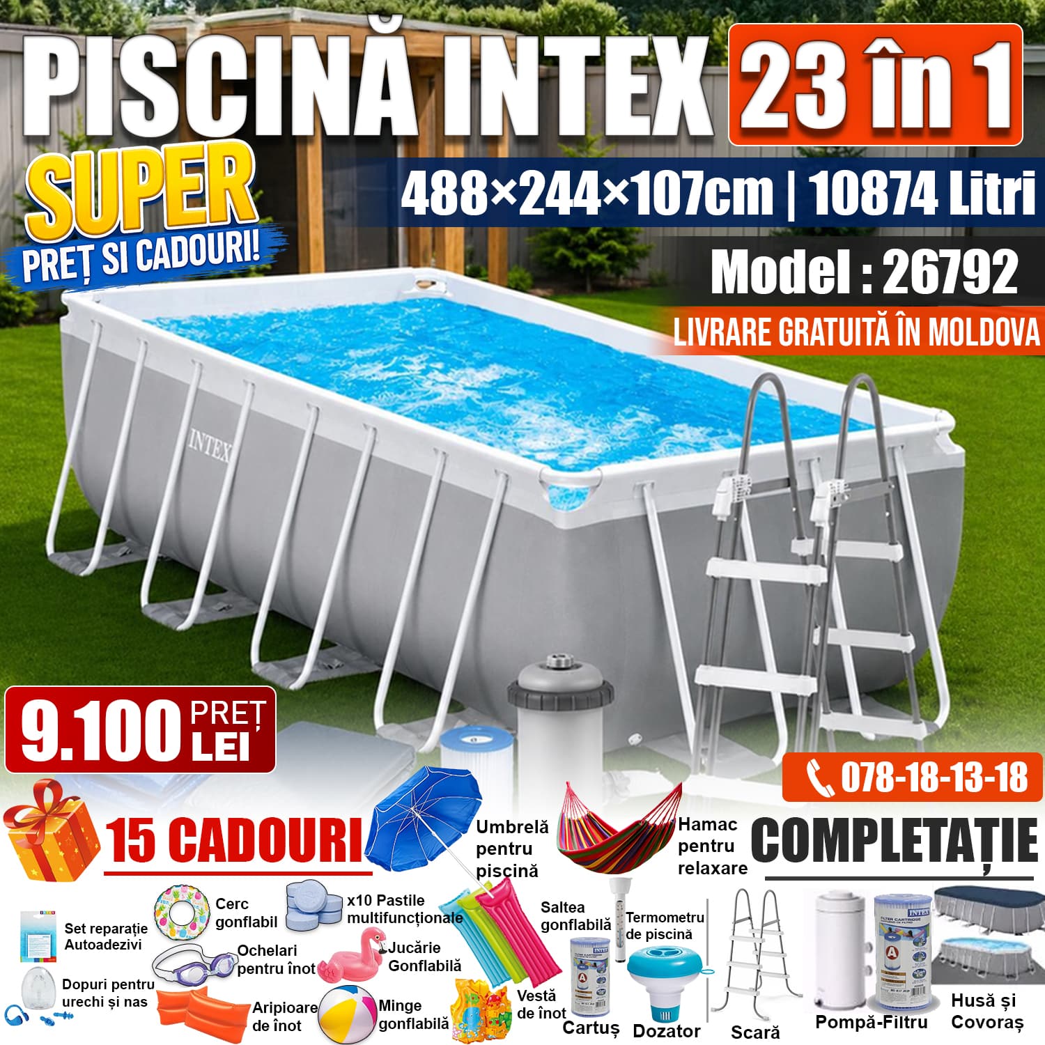 Piscină INTEX Prism Premium cu Cadru Dreptunghiular 23 în 1, 488x244x107 cm, 10874L, Cadru Metalic Ranforsat, cu Pompă-Filtru, Scară, Covoraș și Copertină, Model 26792 Piscină INTEX Prism Premium cu Cadru Dreptunghiular 23 în 1, 488x244x107 cm, 10874L, Cadru Metalic Ranforsat, cu Pompă-Filtru, Scară, Covoraș și Copertină, Model 26792