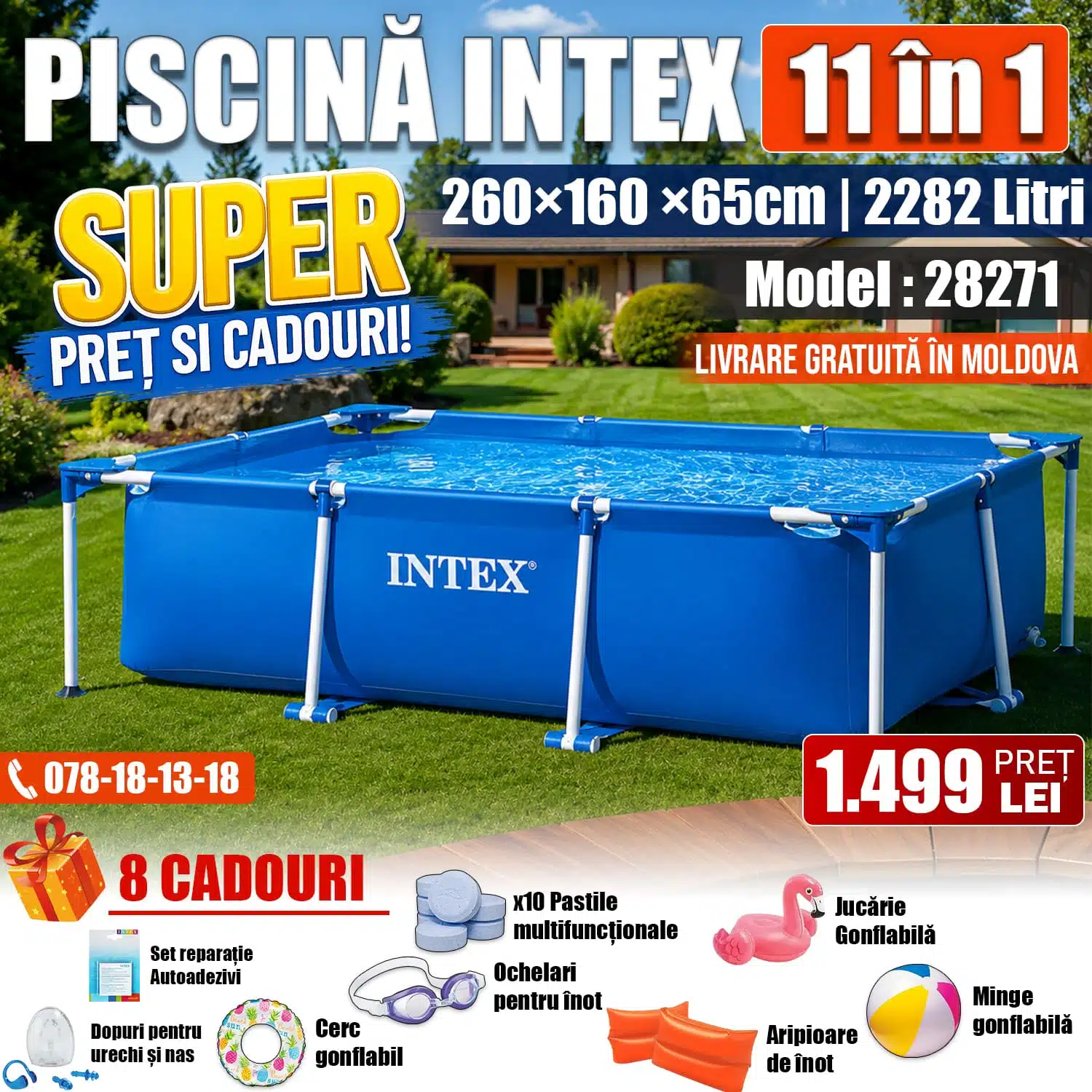 Piscină INTEX cu Cadru Dreptunghiular 11 în 1, 260x160x65 cm, 2282L, Cadru Metalic, Model 28271