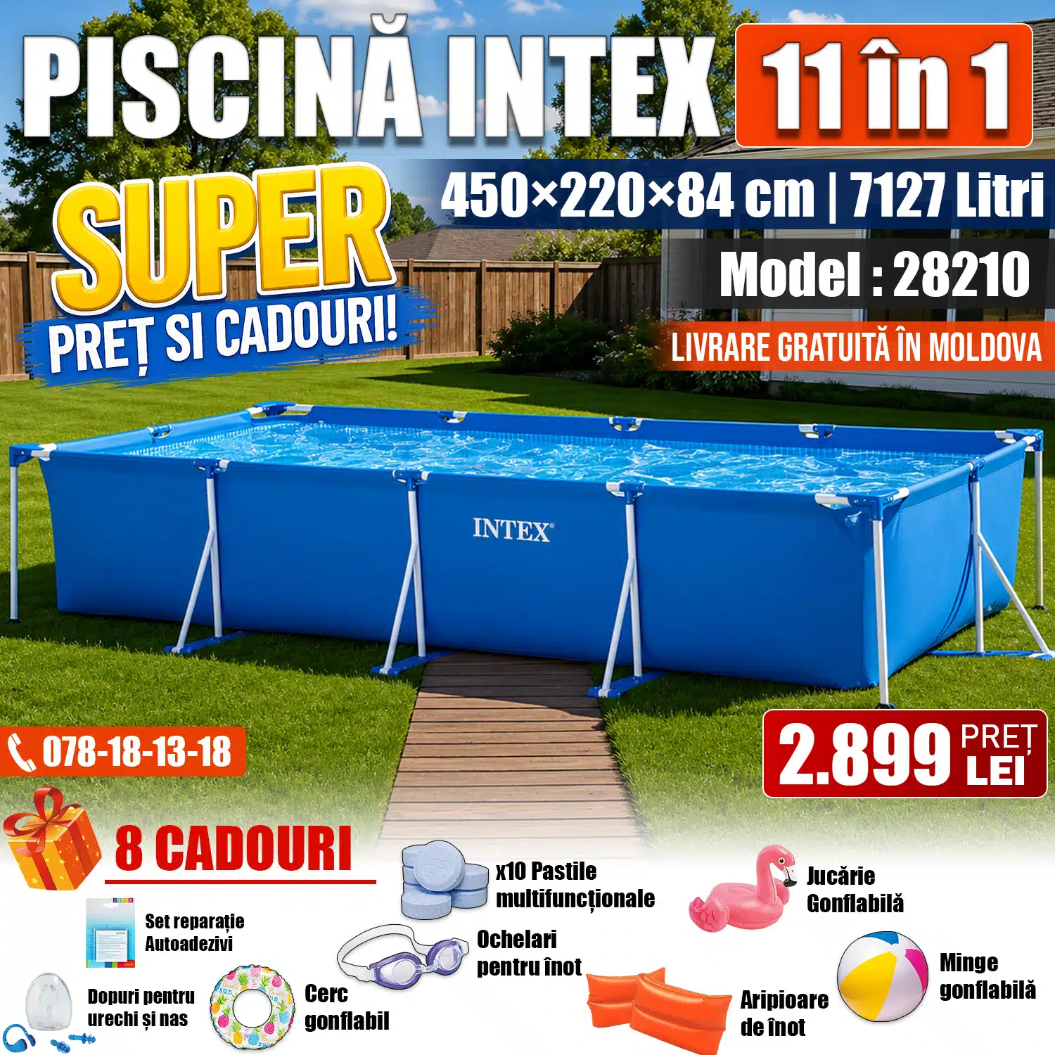 Piscină INTEX cu Cadru Dreptunghiular 11 în 1, 450x220x84 cm, 7127L, Cadru Metalic, Model 28273