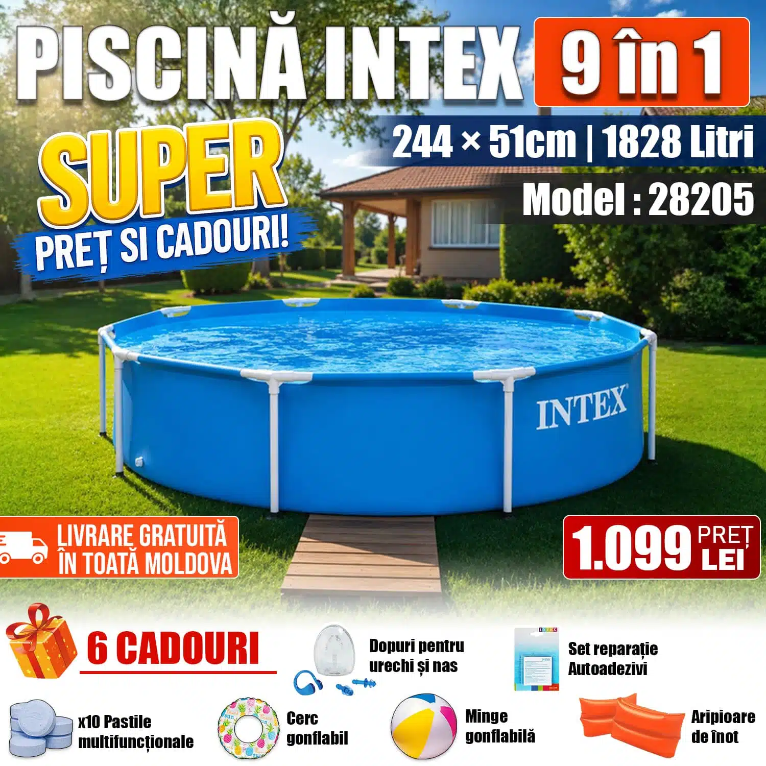 Piscină INTEX cu Cadru Dreptunghiular 9 în 1, 244×51 cm, 1828L, Cadru Metalic, Model 28205