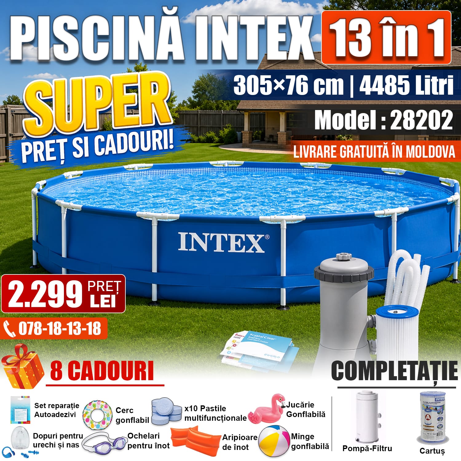 Piscină INTEX cu Cadru Rotund 13 în 1, 305×76 cm, 4485L, Cadru Metalic, cu Pompă-Filtru, Model 28202 Piscină INTEX cu Cadru Rotund 13 în 1, 305×76 cm, 4485L, Cadru Metalic, cu Pompă-Filtru, Model 28202