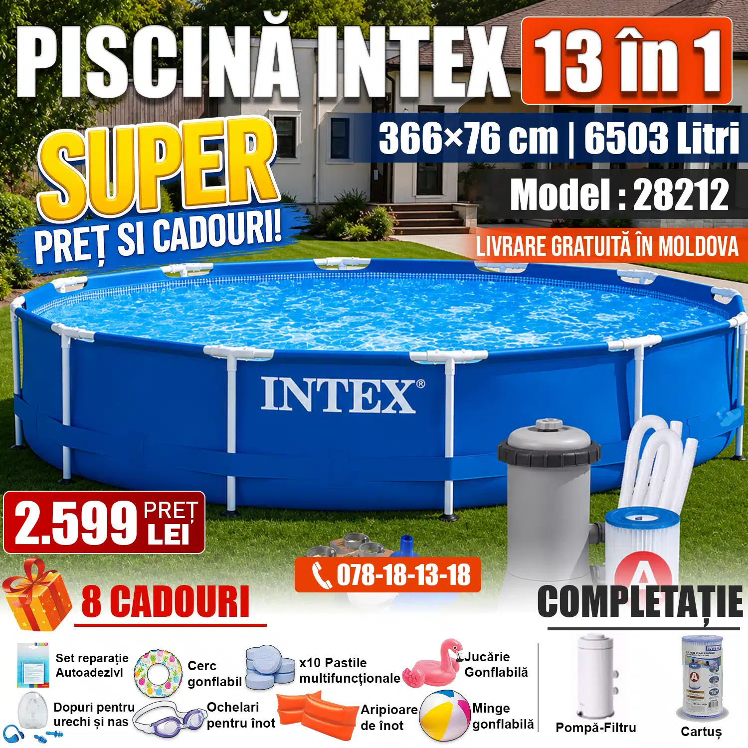 Piscină INTEX cu Cadru Rotund 13 în 1, 366x76 cm, 6503L, Cadru Metalic, cu Pompă-Filtru, Model 28212