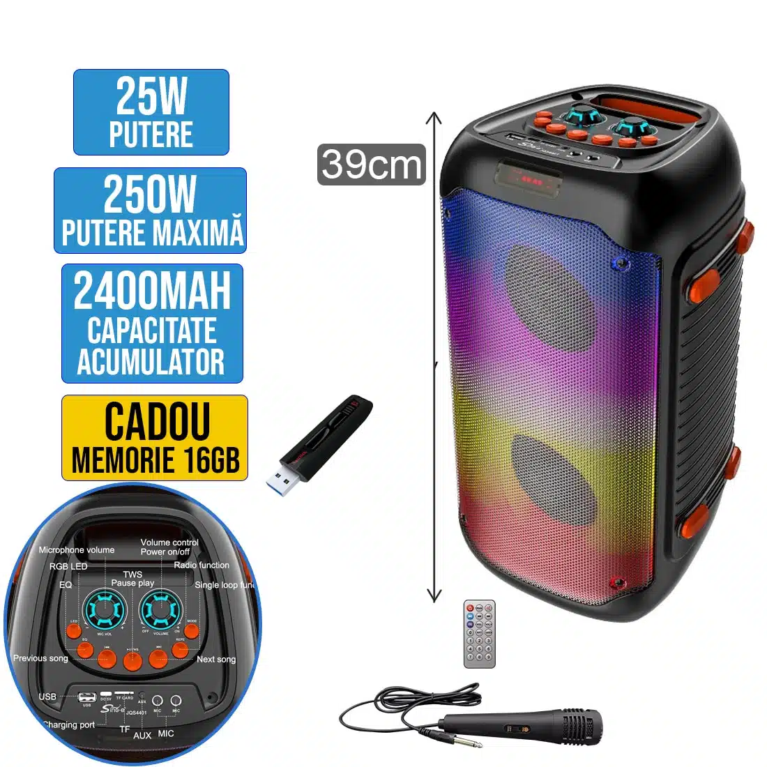 Boxă pentru Party Sing-E ZQS4401 – Putere 25W, Max 250W, Microfon + USB 16GB CADOU