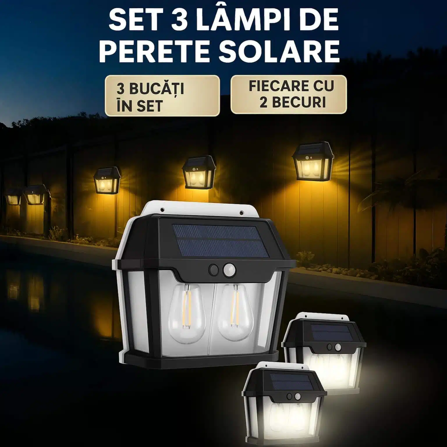 Set 3 Lămpi de Perete Solare cu senzor de mișcare main 2
