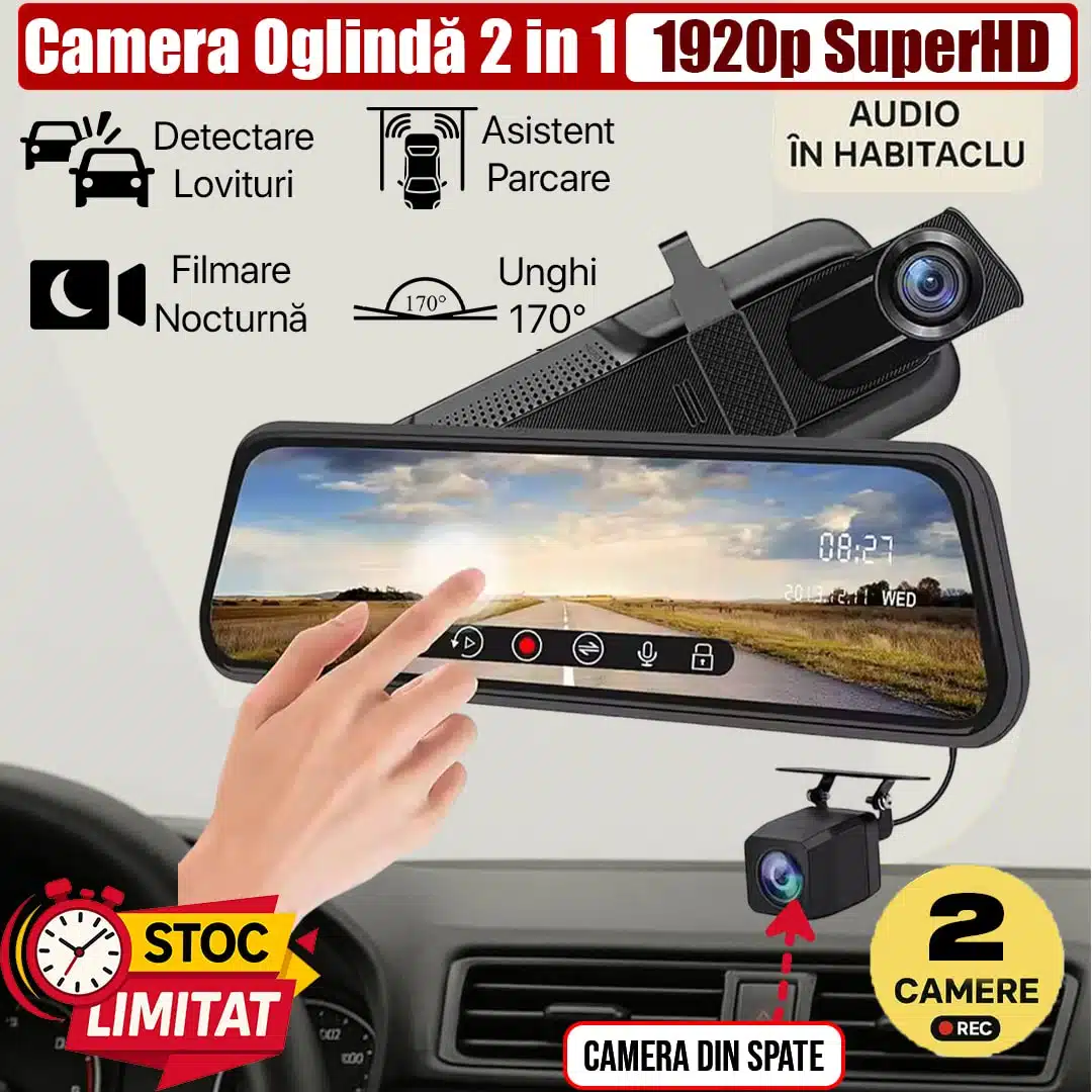 Camera Auto DVR Oglinda Retrovizoare 1920x1080P, FataSpate, Wi-Fi, Touch Screen 10 inch, Full HD, Unghi 170°, Mod Parcare, Senzor Miscare, G-Senzor, Camera spate 4 main