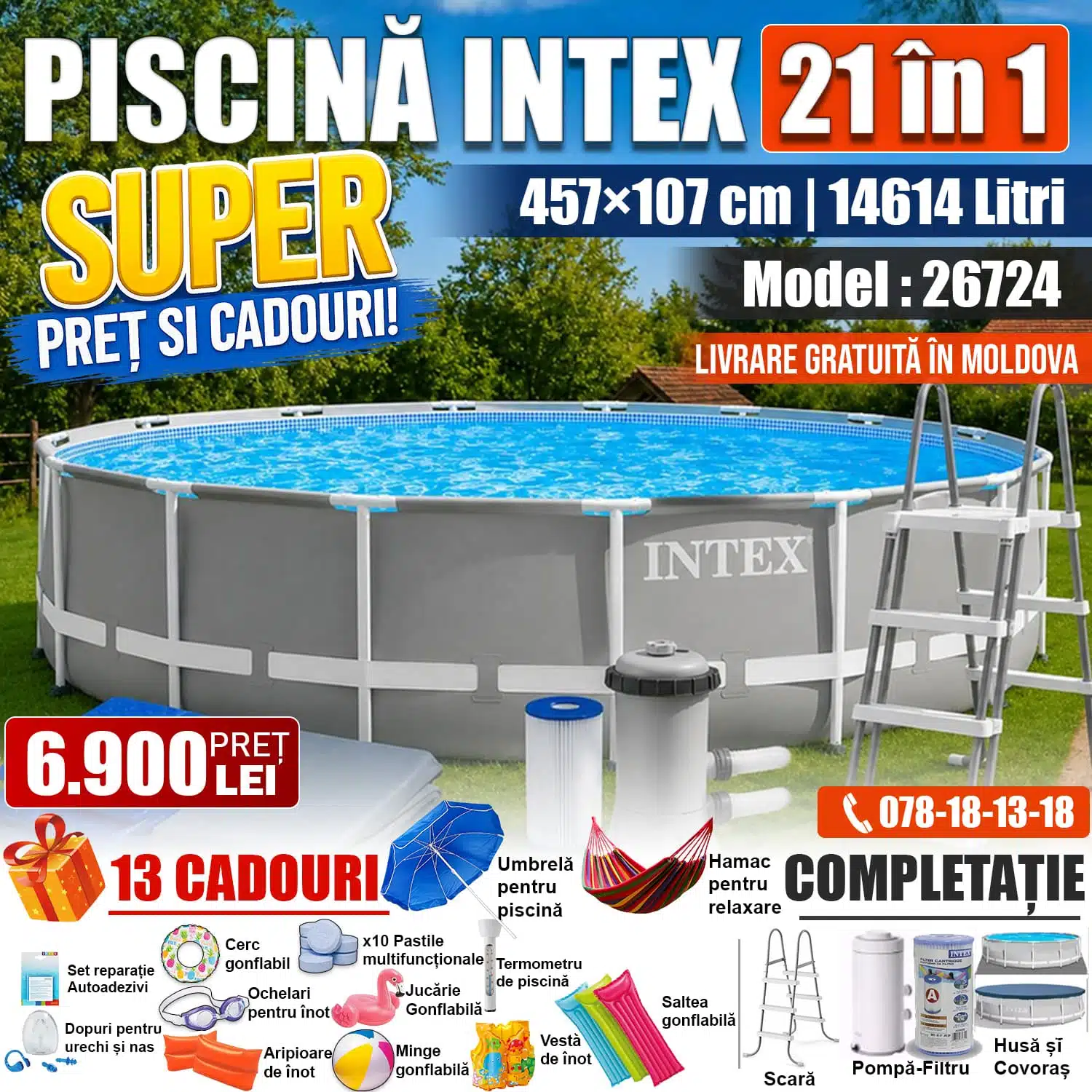 Piscină INTEX Prism Frame Premium 21 în 1, 457x107 cm, 14614L, Cadru Metalic Ranforsat, cu Pompă-Filtru, Scară, Covoraș și Copertină, Model 26724