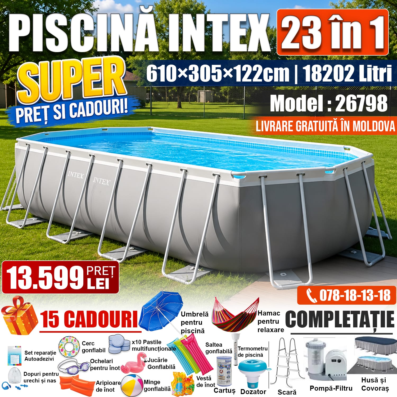 Piscină INTEX Prism Premium Ovală 23 în 1, 610x305x122 cm, 18202L, Cadru Metalic Ranforsat, cu Pompă-Filtru, Scară, Husă și Covoraș, Model 26798