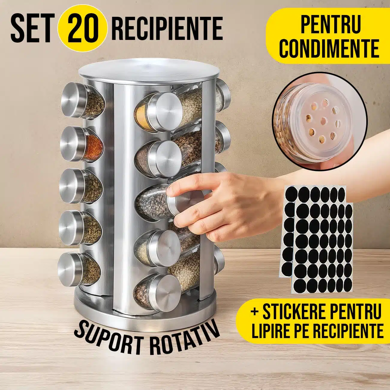 Set 20 Recipiente Condimente + Suport Rotativ 360 grade cu Etichete Incluse 1