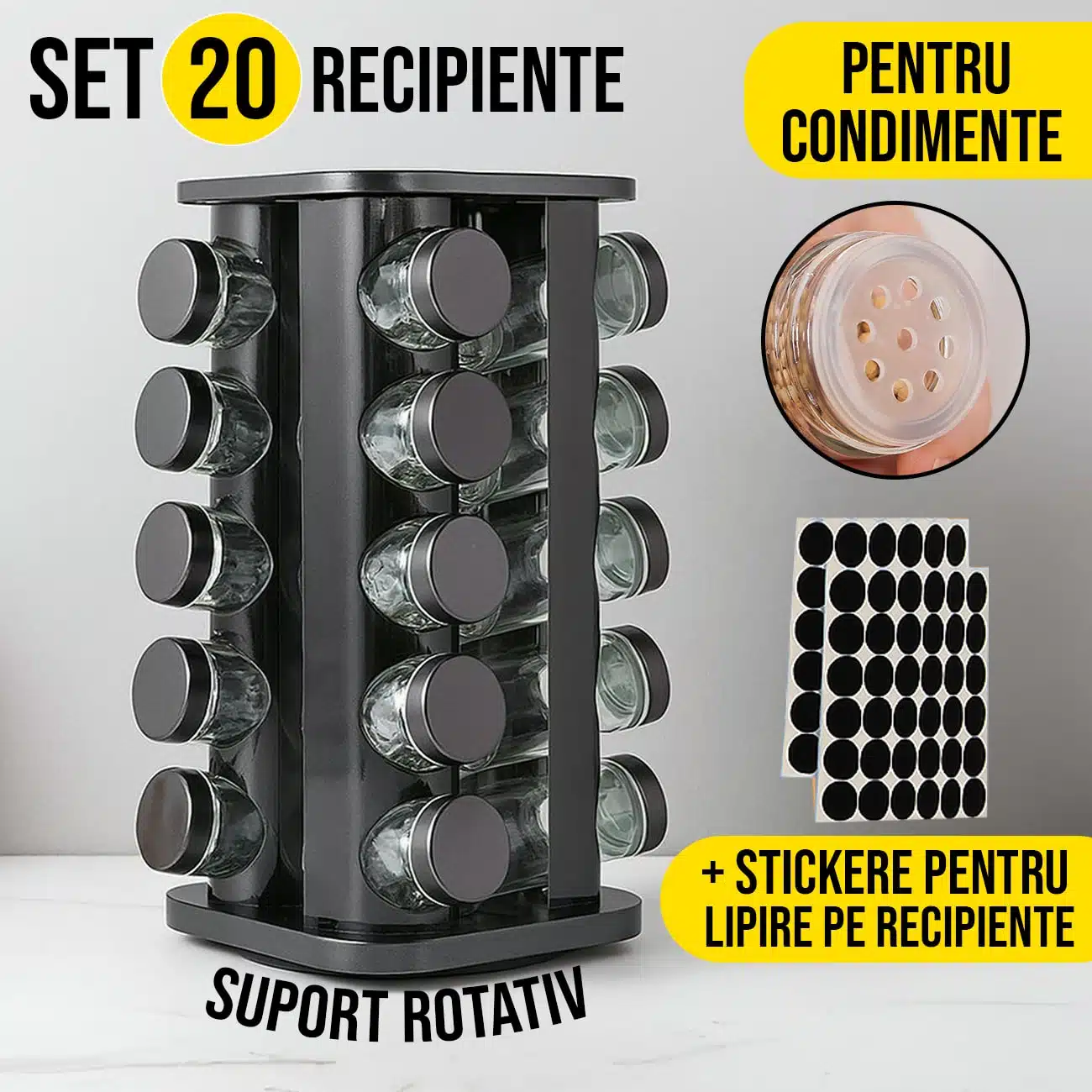 Set 20 Recipiente Condimente + Suport Rotativ 360 grade cu Etichete Incluse negru