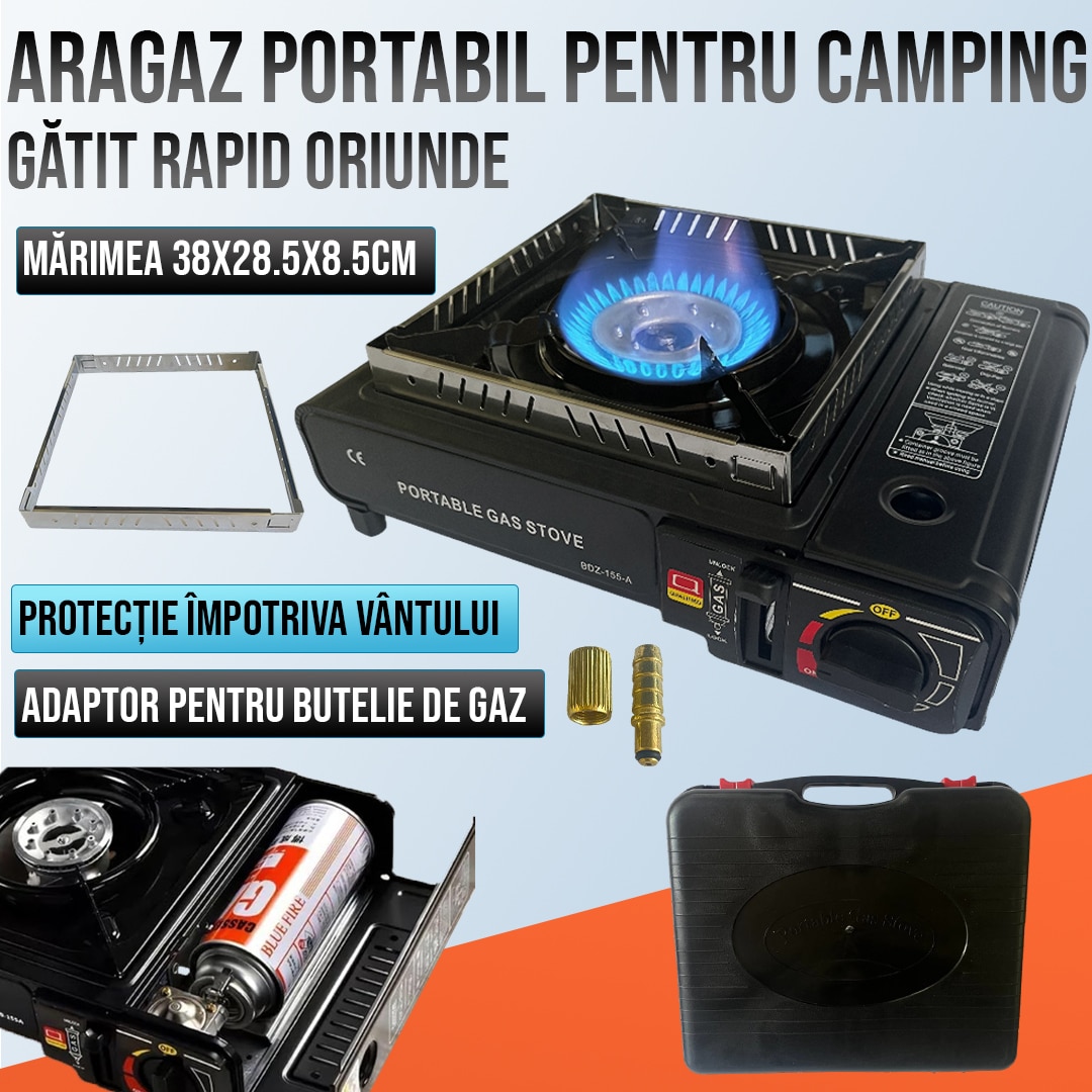 Aragaz Compact pentru Camping – 2900W, Aprindere Piezo și Protecție Vânt Aragaz Compact pentru Camping – 2900W, Aprindere Piezo și Protecție Vânt