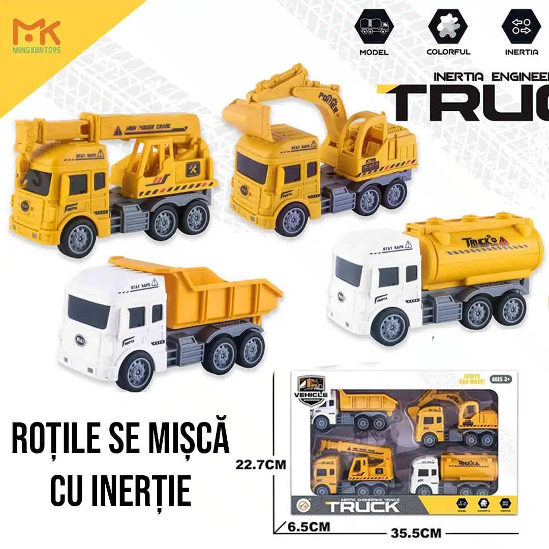 Set 4 Mașini de Inginerie Inerțiale – Excavator, Basculantă, Macara și Cisternă 2