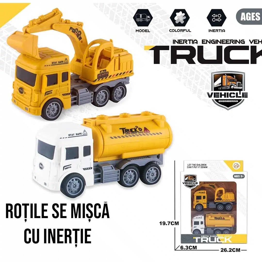Set Camioane de Șantier pentru Copii – Excavator și Cisternă cu Mecanism Inerțial 2