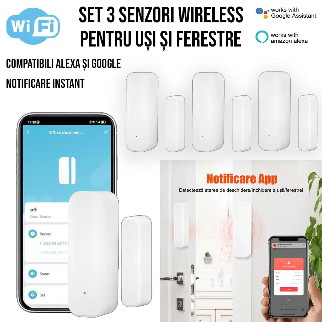 Set 3 Senzori Wireless pentru Uși și Ferestre – Compatibili Alexa și Google, Notificare Instant 1