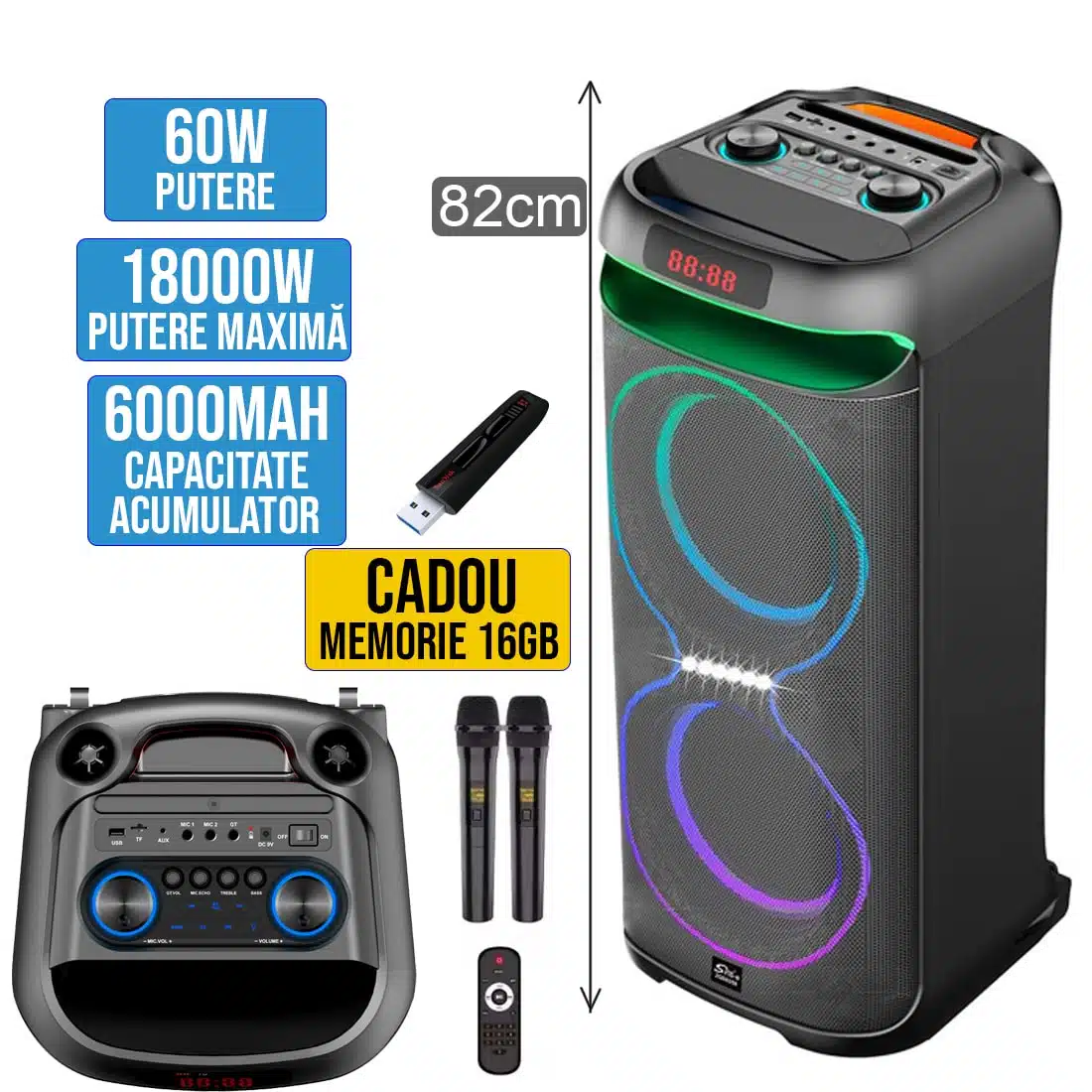 Boxă pentru Party Sing-E ZQS8258 – Putere 60W, Max 18000W, 2x Microfon Wireless + USB 16GB CADOU 1