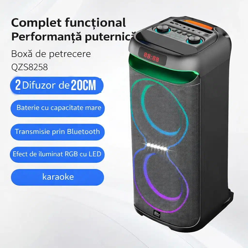 Boxă pentru Party Sing-E ZQS8258 – Putere 60W, Max 18000W, 2x Microfon Wireless + USB 16GB CADOU 2