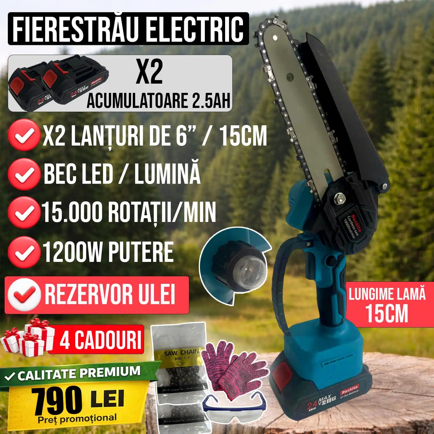 Fierăstrău Electric cu Acumulator ,2x Lanțuri de 615cm, 2 Baterii 2.5Ah, Rezervor ulei, 15.000 rotmin - albastru