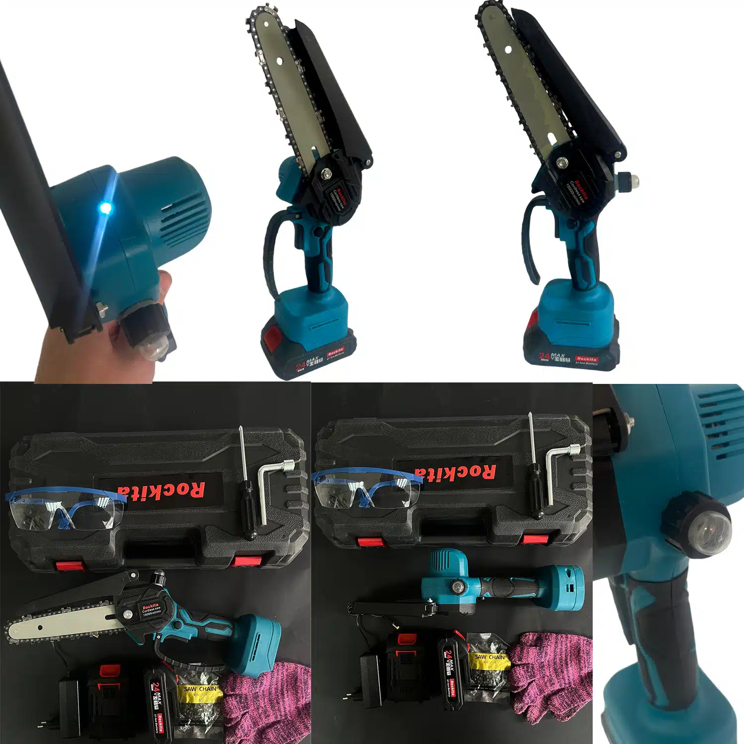 Fierăstrău Electric cu Acumulator ,2x Lanțuri de 615cm, 2 Baterii 2.5Ah, Rezervor ulei, 15.000 rotmin albastru colaj