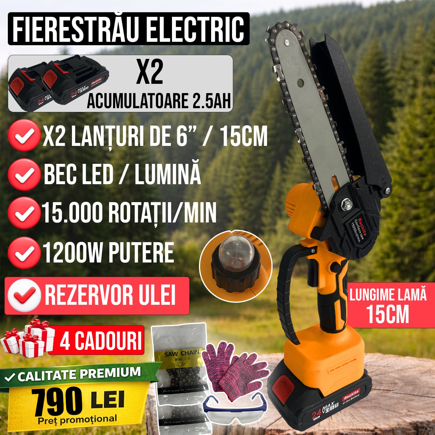 Fierăstrău Electric cu Acumulator ,2x Lanțuri de 615cm, 2 Baterii 2.5Ah, Rezervor ulei, 15.000 rotmin - galben Fierăstrău Electric cu Acumulator ,2x Lanțuri de 615cm, 2 Baterii 2.5Ah, Rezervor ulei, 15.000 rotmin - galben