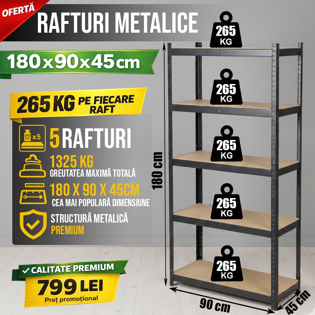 Raft Metalic 180 x 90 x 45 cm , 275 kg poliță – Negru Premium, 5 Polițe - 799 - 1 Raft Metalic 180 x 90 x 45 cm , 275 kg poliță – Negru Premium, 5 Polițe - 799 - 1