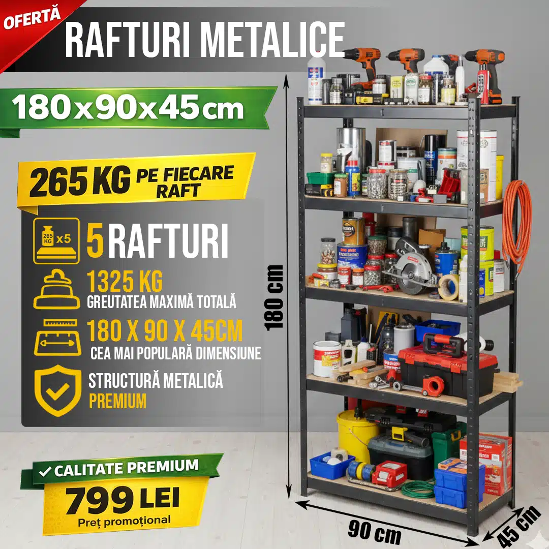 Raft Metalic 180 x 90 x 45 cm , 275 kg poliță – Negru Premium, 5 Polițe - 799 - 3