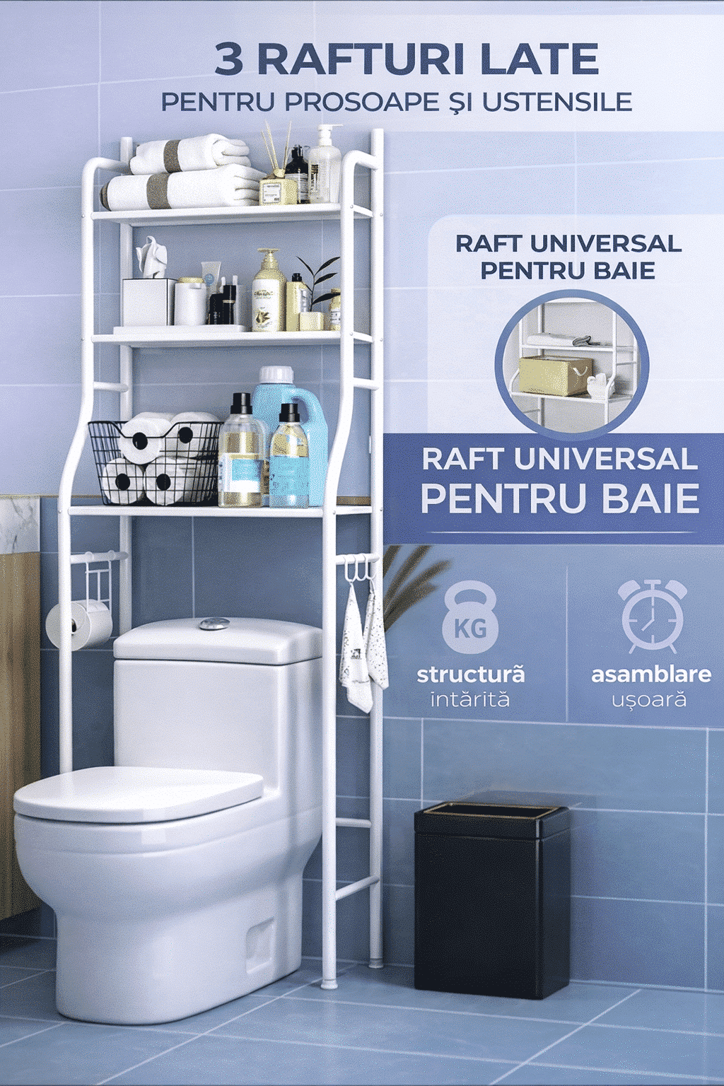 Raft de depozitare pentru WC 152x47x25 cm, 3 polițe , Alb 6
