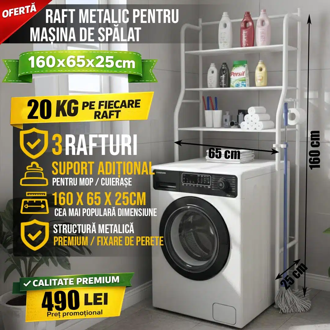 Raft de depozitare pentru mașina de spălat 160x65x25 cm, 3 polițe , Alb 1