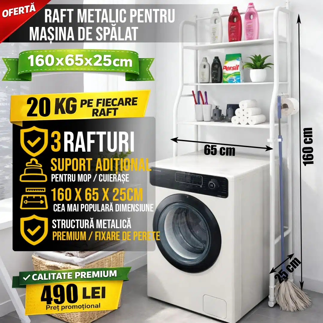 Raft de depozitare pentru mașina de spălat 160x65x25 cm, 3 polițe , Alb 2