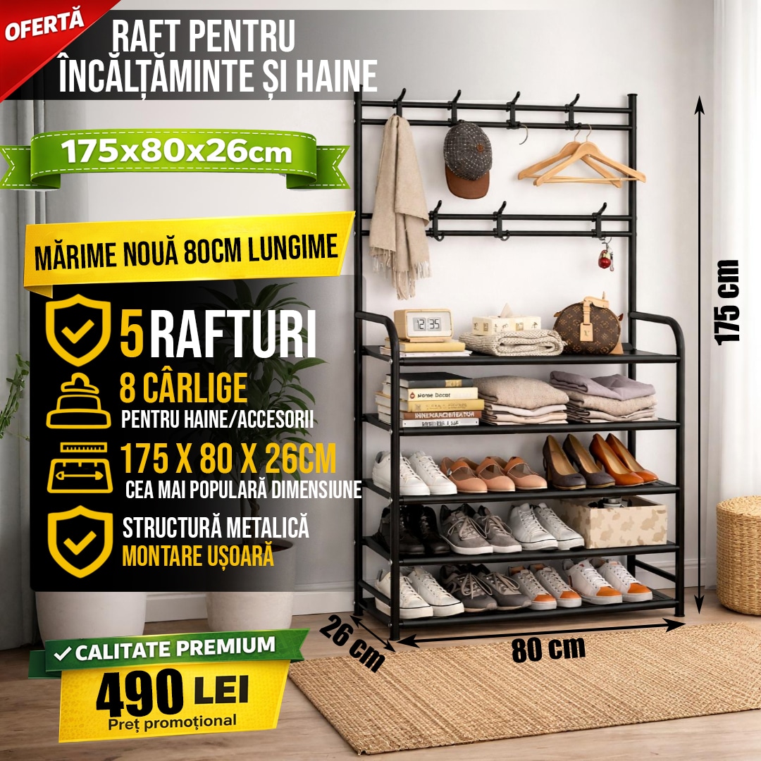 Raft pentru încălțăminte și haine 175x80x26 cm, 5 polițe , Negru Raft pentru încălțăminte și haine 175x80x26 cm, 5 polițe , Negru