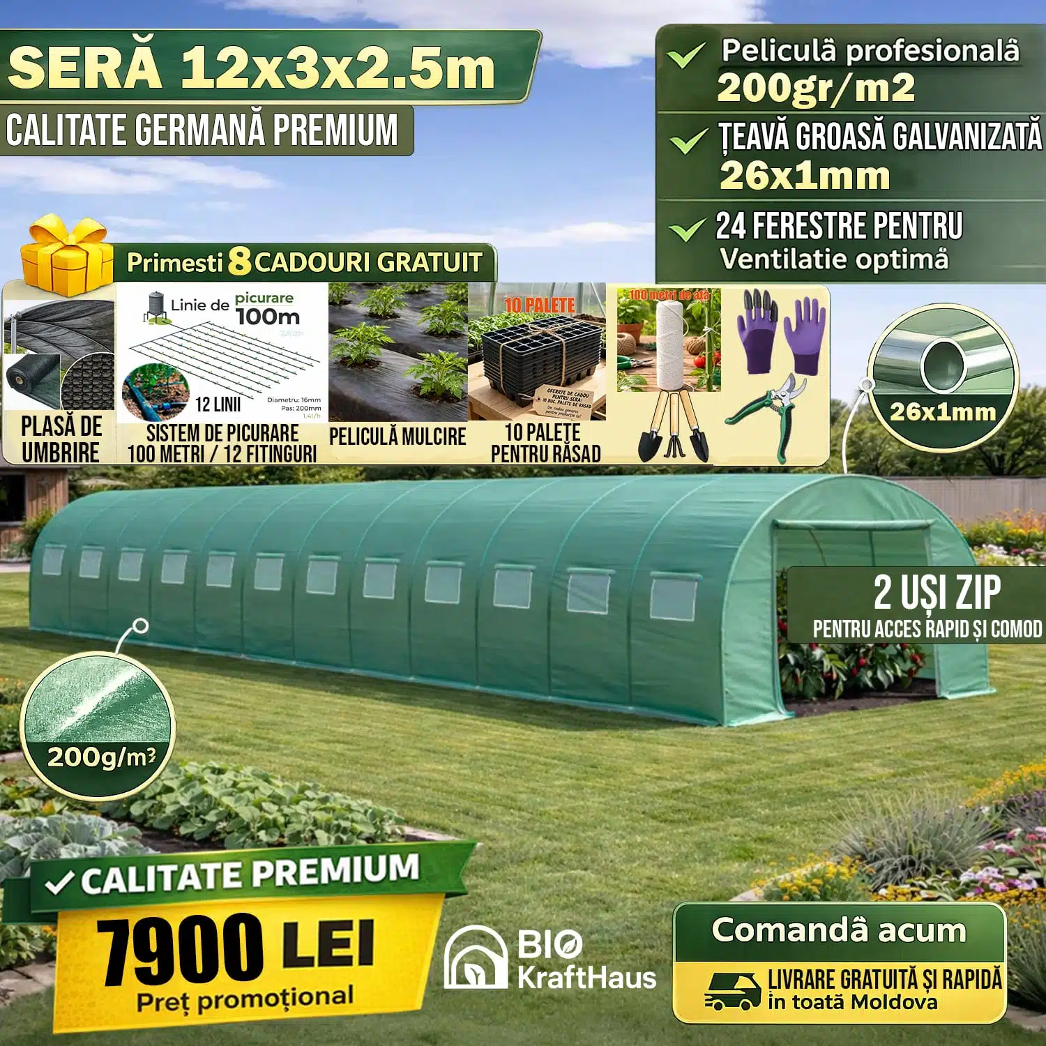 Seră Germană 12x3x2.5m Ø29mm x 1mm, Peliculă 200grm2, BioKraftHaus, Cadouri incluse 1-7900- 8 cadouri
