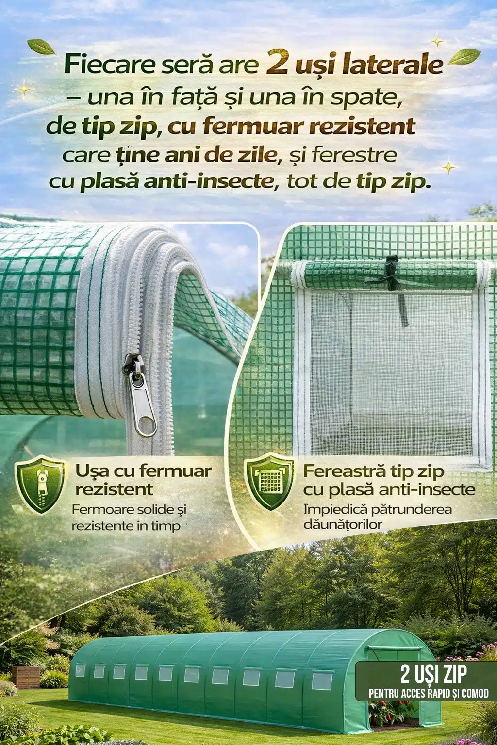 Seră Germană 12x3x2.5m Ø32mm x 1.1mm, Peliculă 240grm2, BioKraftHaus, Cadouri incluse 5